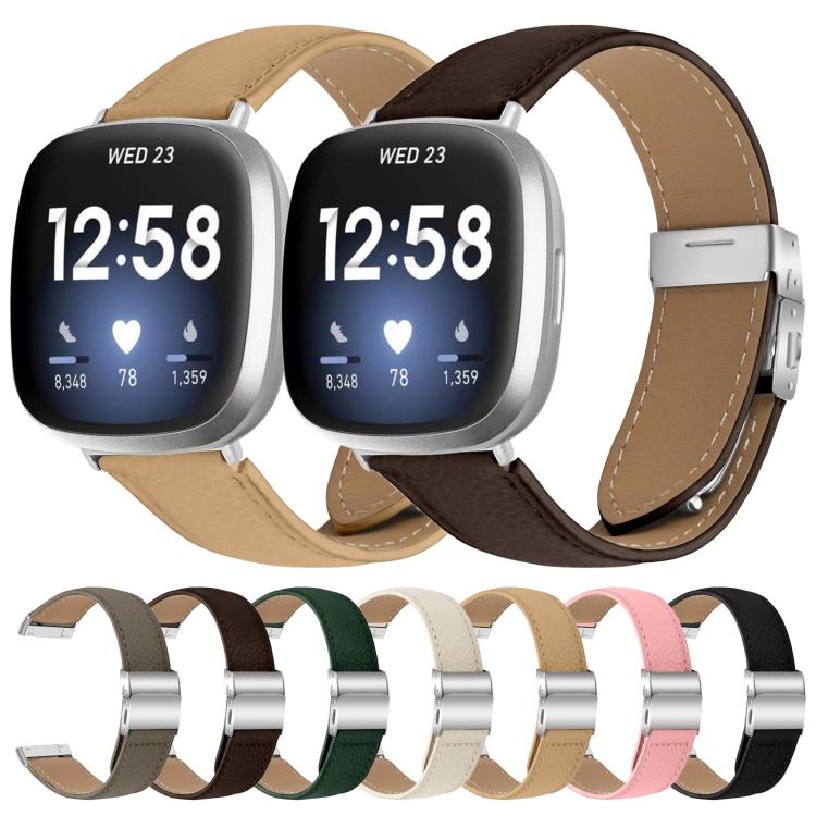 For Fitbit Versa 3 / 4 Lychee Texture Silver Turtle Back Buckle Leather Watch Band(Coffee Color) - free shipping - PMC TechLife - Order now!