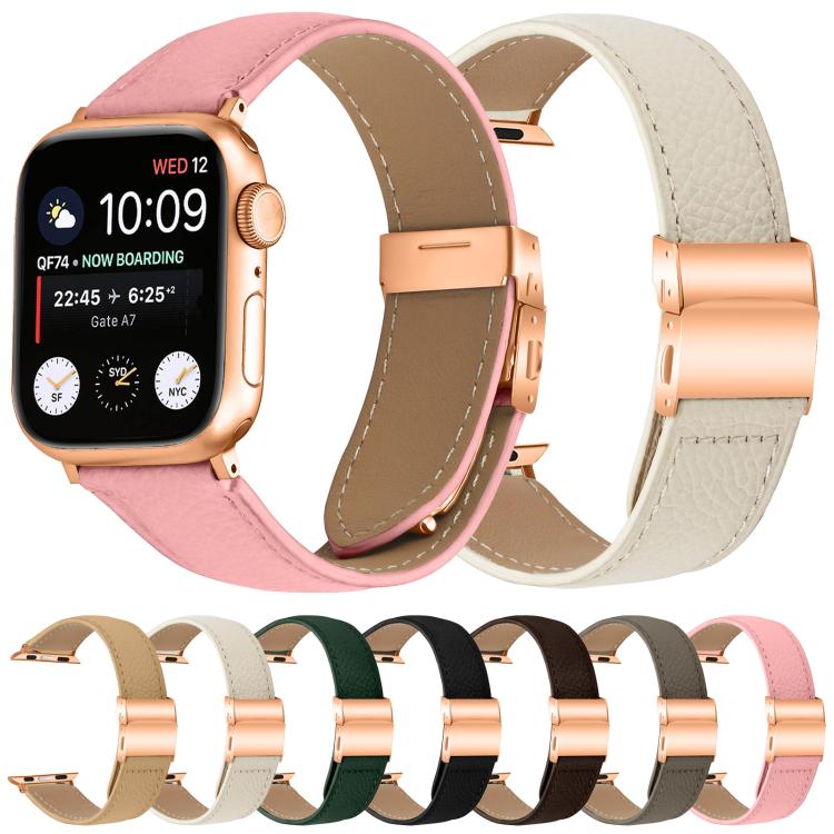 For Apple Watch 46mm / 49mm / 45mm / 44mm Lychee Texture Rose Gold Turtle Back Buckle Leather Watch Band(Creamy White) - free shipping - PMC TechLife - Order now!