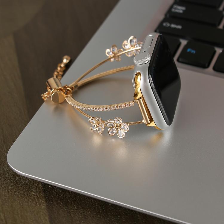 For Apple Watch 46mm / 49mm / 45mm / 44mm Copper-Inlaid Zircon 5-petal Flower Bracelet Watch Band(Gold) - free shipping - PMC TechLife - Order now!