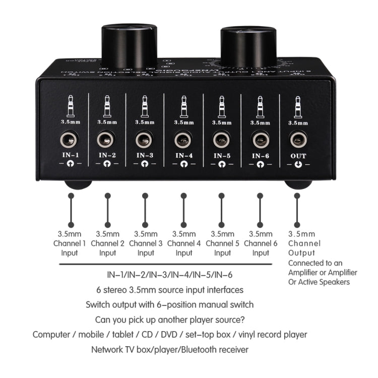 B017 6 Input 1 Output Audio Signal Selection Switcher Output Volume Adjustment Control 3.5mm Interface - by PMC Jewellery | Online Shopping South Africa | PMC Jewellery | Buy Now Pay Later Mobicred