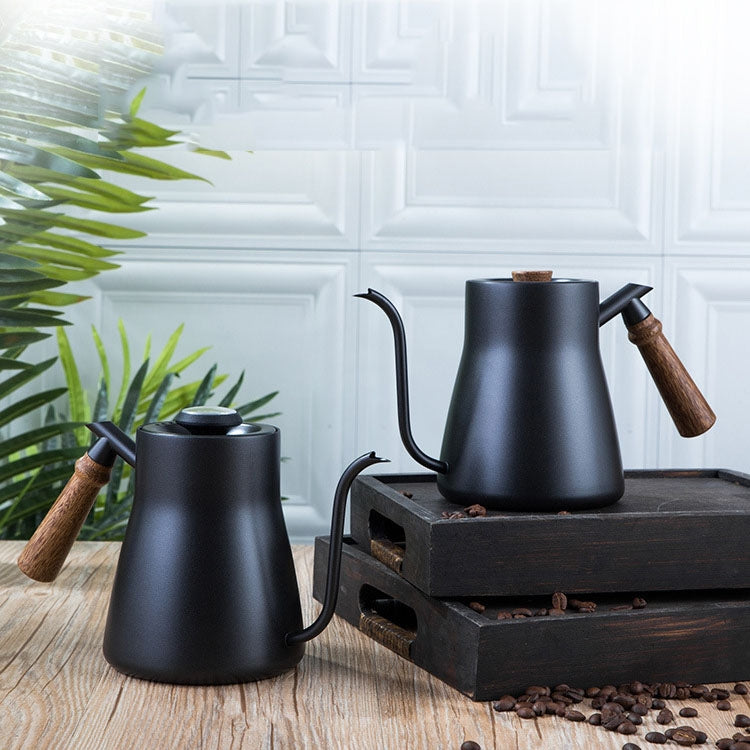 304 Stainless Steel Coffee Hand Pot Wooden Handle Coffee Pot Teflon Long-Mouth Slender Pot, Style: Without Thermometer - free shipping - PMC TechLife - Order now!