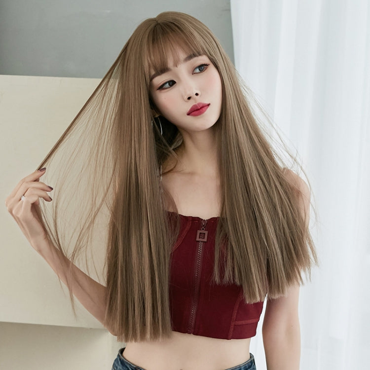 Wig Female Long Hair Full Headgear Straight Hair Natural Air Bangs Full Top Wig(Honey Tea Linen 58CM) - free shipping - PMC TechLife - Order now!