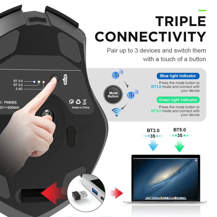 Inphic A1 6 Keys 1000/1200/1600 DPI Home Gaming Wireless Mechanical Mouse, Colour: Gray Wireless+Bluetooth 4.0+Bluetooth 5.0 - free shipping - PMC Jewellery - Order now!