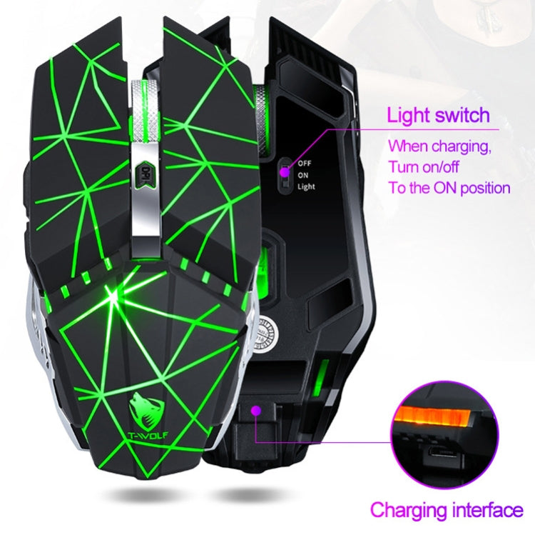 T-WOLF Q15 6-Buttons 1600 DPI Wireless Rechargeable Mute Office Gaming Mouse with 7 Color Breathing Light(Technology Black) - free shipping - PMC Jewellery - Order now!