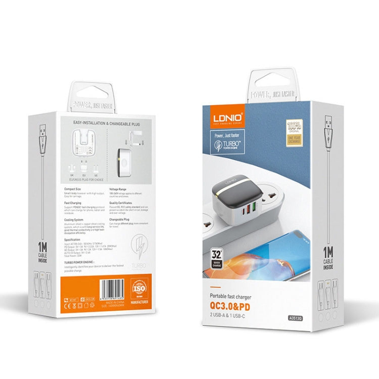 LDNIO A3513Q 32W QC3.0 3 USB Ports Phone Adapter UK Plug with Type-C Cable - free shipping - PMC TechLife - Order now!