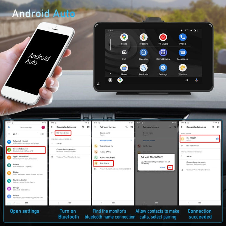 A3135 7 Inches HD Wired Smart Screen With Wireless CarPlay + Android Auto + Android With Camera - Car MP3 & MP4 & MP5 by PMC TechLife | Online Shopping South Africa | PMC TechLife