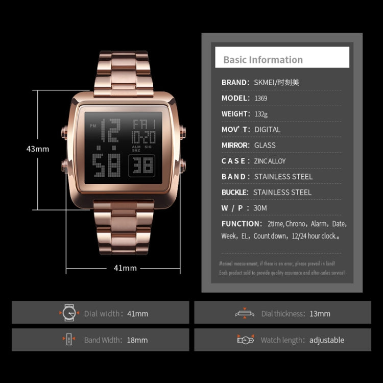 SKMEI 1369 Retro Waterproof Gold Watch Men Steel Belt Luminous Square Watch(Gold) - free shipping - PMC TechLife - Order now!