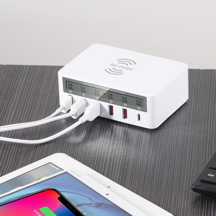 818PF 5 USB Ports + Type-C Smart Digital Display Wireless Phone Charger, Style: UK Plug (White) - Multifunction Charger by PMC TechLife | Online Shopping South Africa | PMC TechLife | Buy Now Pay Later Mobicred