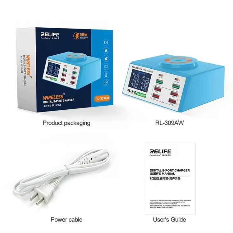 RELIFE RL-309AW QC3.0 PD Fast Wireless Charger With LCD Display 8 Ports(EU Plug) - free shipping - PMC TechLife - Order now!