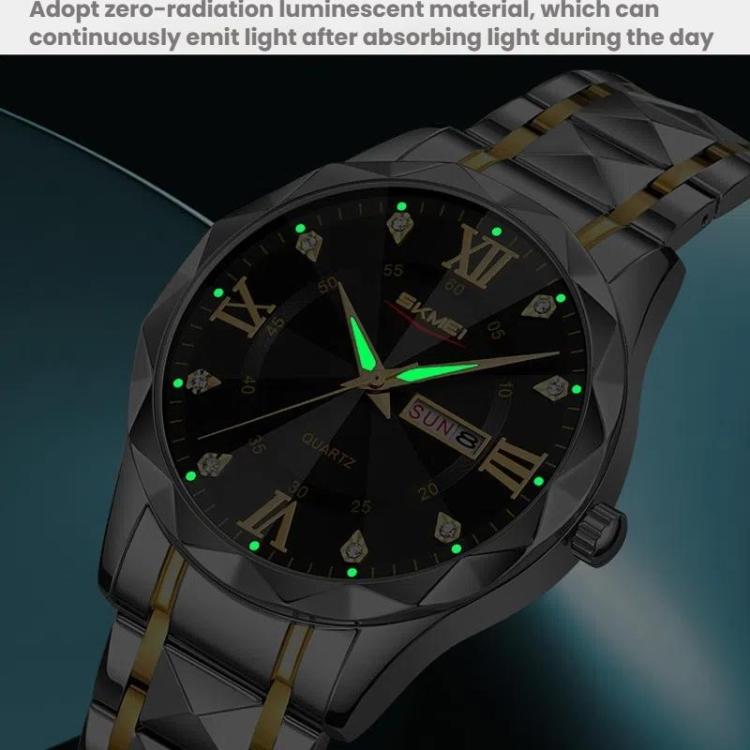 SKMEI Business Casual Watches Diamond Case Luminous Waterproof Quartz Watch, Style: Men Silver Gold Strap Black Dial - free shipping - PMC TechLife - Order now!