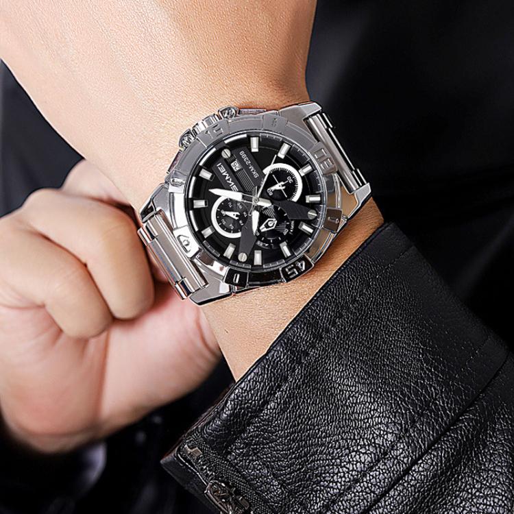 SKMEI 2399 Three-eye Six-pin Steel Band Quartz Watch Men Business Casual Watch(Black) - free shipping - PMC TechLife - Order now!