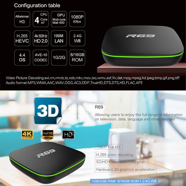 R69 1080P HD Smart TV BOX Android 4.4 Media Player with Remote Control, Quad Core Allwinner H3, RAM: 1GB, ROM: 8GB, 2.4G WiFi, LAN, UK Plug - Allwinner H3 by PMC TechLife | Online Shopping South Africa | PMC TechLife | Buy Now Pay Later Mobicred