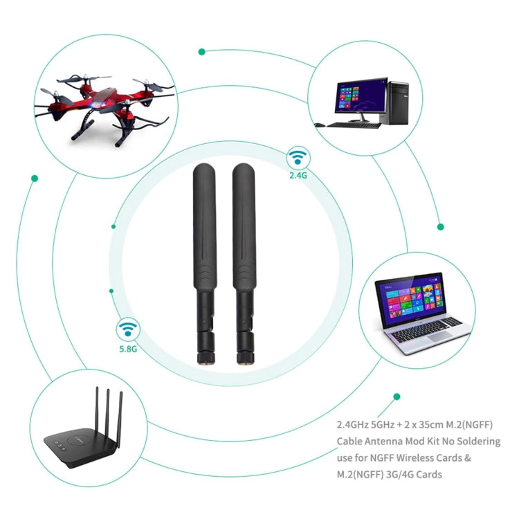 2 x 6dBi 2.4GHz 5GHz Dual Band WiFi RP-SMA Male Antenna + 2 x 35CM RP-SMA IPEX MHF4 Pigtail Cable for M.2 NGFF WiFi WLAN Card (Black) - DVB-T & Simulation Antenna by PMc TechLife | Online Shopping South Africa | PMc TechLife | Buy Now Pay Later Mobicred