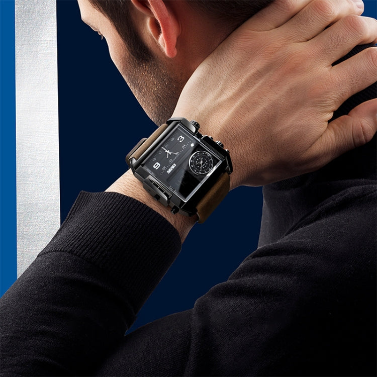 SKMEI 1391 Multifunctional Men Business Digital Watch 30m Waterproof Square Dial Wrist Watch with Leather Watchband(Black+Coffee) - free shipping - PMC TechLife - Order now!