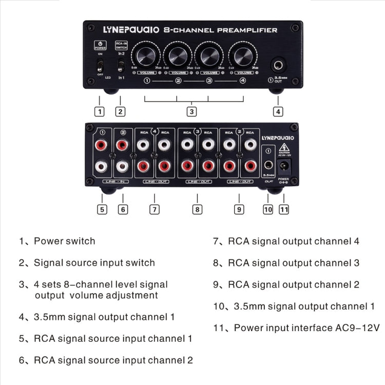 LINEPAUDIO B981 Pro 8-ch Pre-amplifier Speaker Distributor Switcher Speaker Comparator, Signal Booster with Volume Control & Earphone / Monitor Function (Black) - by PMC Jewellery | Online Shopping South Africa | PMC Jewellery | Buy Now Pay Later Mobicred