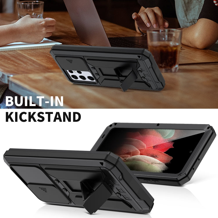 For Samsung Galaxy S21 Ultra 5G R-JUST Sliding Lens Cover Shockproof Dustproof Waterproof Metal + Silicone Case with Invisible Holder(Black) - Galaxy S21 Ultra 5G Cases by R-JUST | Online Shopping South Africa | PMC TechLife | Buy Now Pay Later Mobicred
