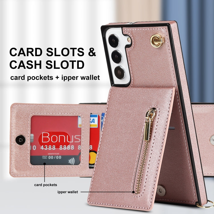 For Samsung Galaxy S22 5G Cross-body Square Zipper Card Holder Bag Phone Case(Rose Gold) - Galaxy S22 5G Cases by PMC TechLife | Online Shopping South Africa | PMC TechLife