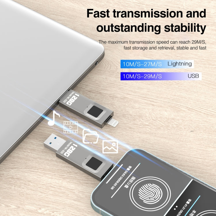 128GB NK-828 8 Pin + USB 2 in 1 Zinc Alloy U Disk with Fingerprint Unlock - U Disk & Card Reader by PMC TechLife | Online Shopping South Africa | PMC TechLife