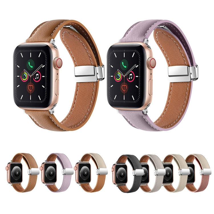 Folding Buckle Genuine Leather Watch Band For Apple Watch Series 8&7 41mm / SE 2&6&SE&5&4 40mm / 3&2&1 38mm(Purple) - Smart Wear by PMC TechLife | Online Shopping South Africa | PMC TechLife