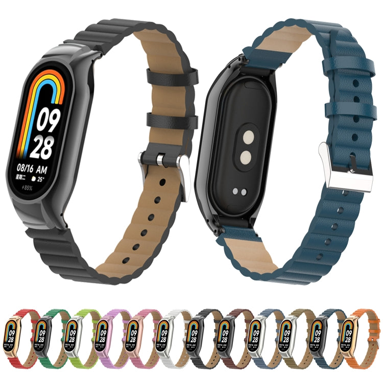 For Xiaomi Mi Band 8 Integrated Metal Case + Bamboo Leather Watch Band(Red) - Smart Wear by PMC TechLife | Online Shopping South Africa | PMC TechLife