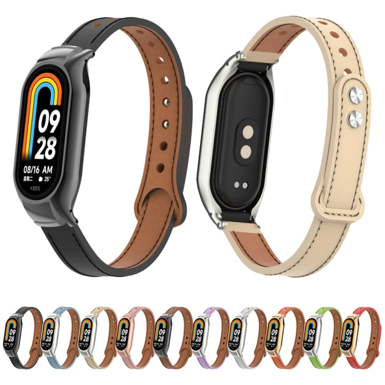 For Xiaomi Mi Band 8 Integrated Metal Case + Double Nail Microfiber Leather Watch Band(Pink Purple) - Smart Wear by PMC TechLife | Online Shopping South Africa | PMC TechLife