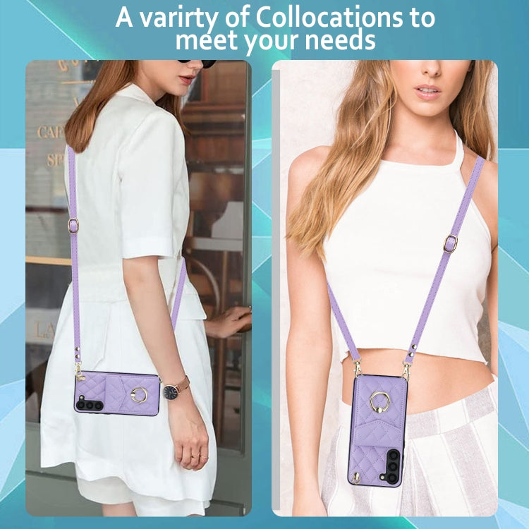 For Samsung Galaxy S23+ 5G Rhombic Texture Card Bag Phone Case with Long Lanyard(Light Purple) - free shipping - PMC TechLife - Order now!