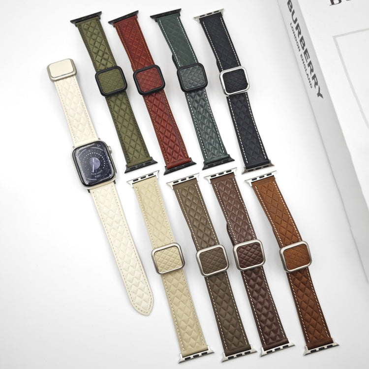For Apple Watch Series 7 41mm Rhombus Pattern Magnetic Square Buckle Leather Watch Band(Dark Brown) - Watch Bands by PMC TechLife | Online Shopping South Africa | PMC TechLife | Buy Now Pay Later Mobicred
