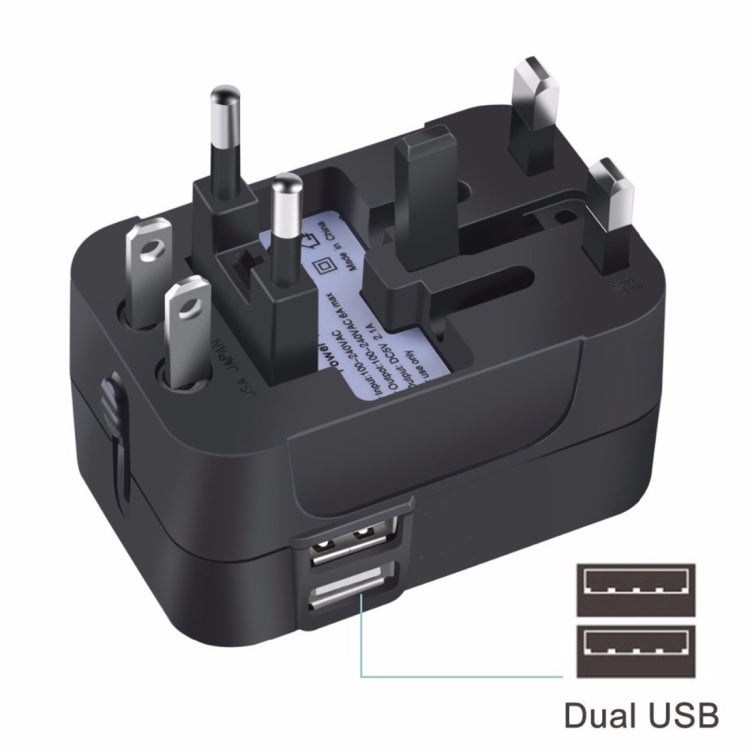 Portable Multi-function Dual USB Ports Global Universal Travel Wall Charger Power Socket, For iPad , iPhone, Galaxy, Huawei, Xiaomi, LG, HTC and Other Smart Phones, Rechargeable Devices(Black) - free shipping - PMC TechLife - Order now!