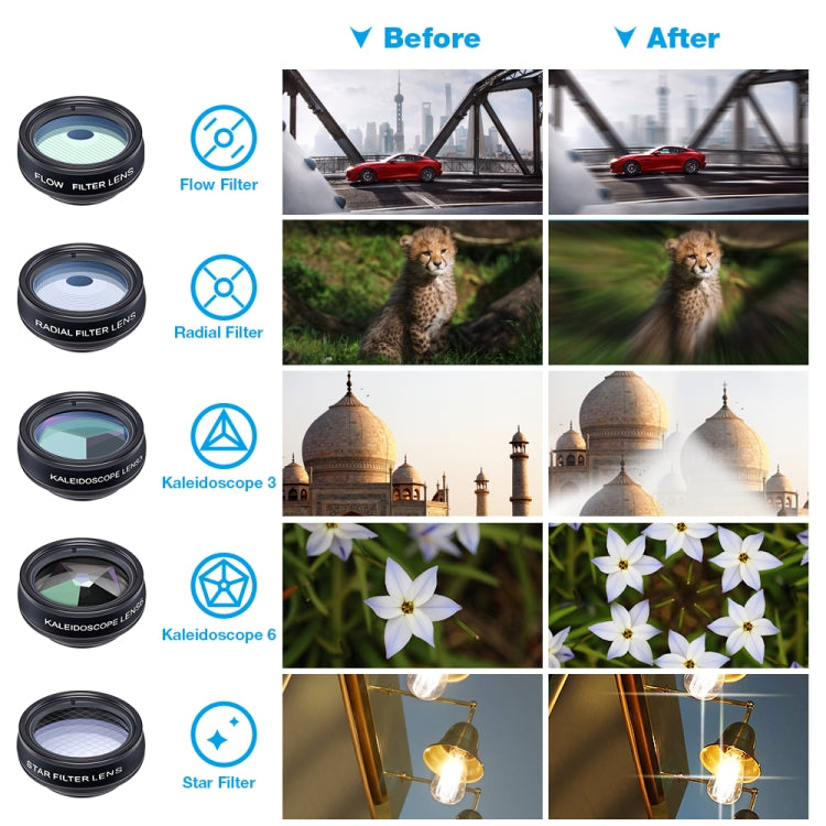APEXEL APL-DG10 Macro Wide-angle Fisheye Telephoto CPL Flow Filter Radial Filter Star Filter Kaleidoscope 3 & 6 Lens Kit, For iPhone, Samsung, Huawei, Xiaomi, HTC and Other Smartphones, Ultra-thin Digital Camera - Combination Lens by APEXEL | Online Shopping South Africa | PMC TechLife