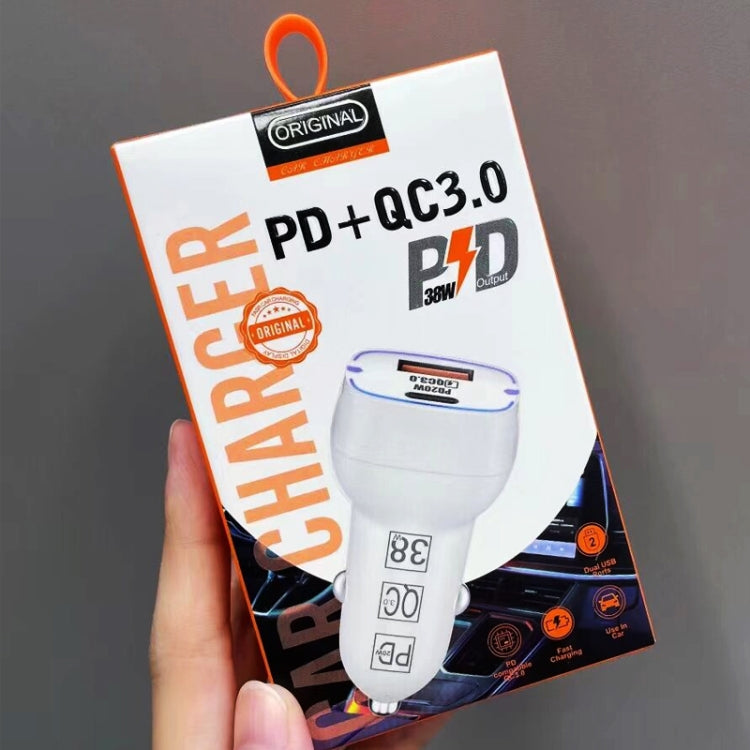 38W PD20W + QC3.0 USB Car Charger with Type-C to Type-C Data Cable, Length: 1m(White) - Car Charger by PMC TechLife | Online Shopping South Africa | PMC TechLife