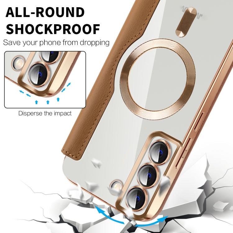 For Samsung Galaxy S23 5G Shield Magsafe RFID Anti-theft Rhombus Leather Phone Case(Brown) - Galaxy S23 5G Cases by PMC TechLife | Online Shopping South Africa | PMC TechLife