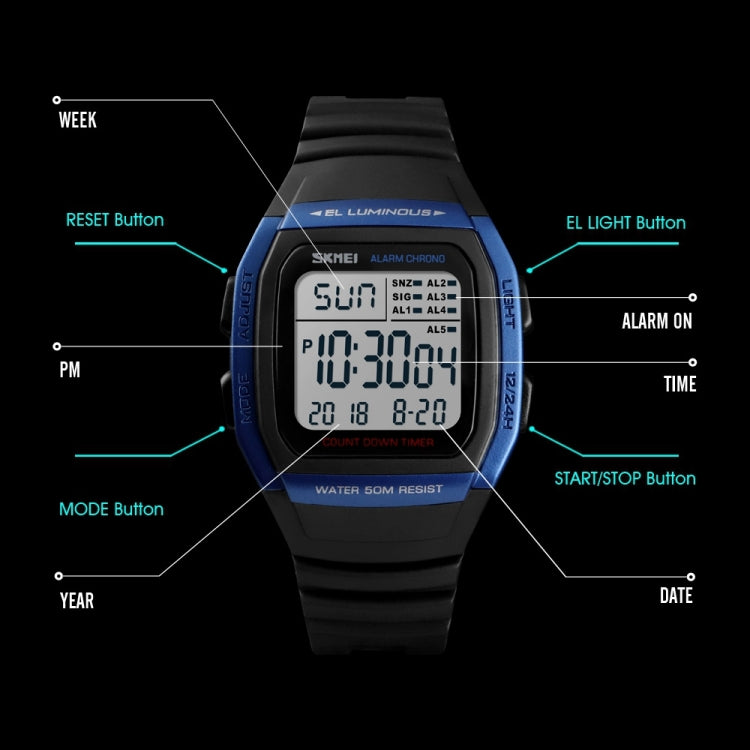 SKMEI 1278 Fashionable Outdoor 50m Waterproof Digital Watch Student Sports Wrist Watch Support 5 Group Alarm Clocks(Black) - free shipping - PMC TechLife - Order now!