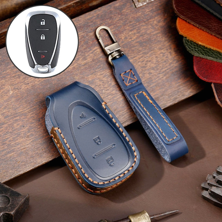 For Chevrolet 3-button Hallmo Car Cowhide Leather Key Protective Cover Key Case(Blue) - Car Key Cases by Hallmo | Online Shopping South Africa | PMC TechLife | Buy Now Pay Later Mobicred