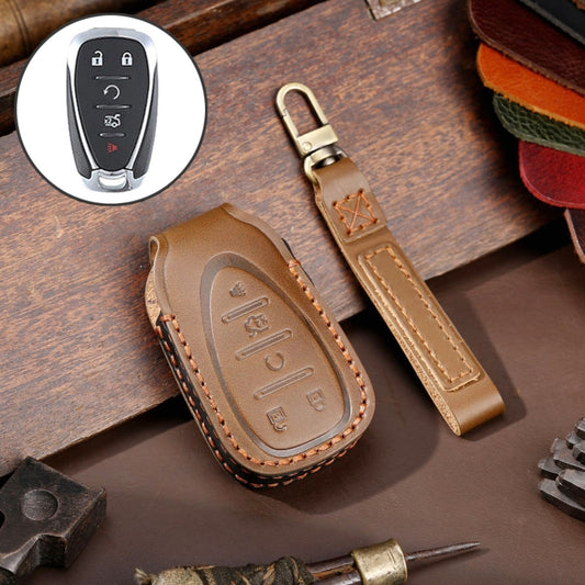 For Chevrolet 5-button Hallmo Car Cowhide Leather Key Protective Cover Key Case(Brown) - Car Key Cases by Hallmo | Online Shopping South Africa | PMC Jewellery | Buy Now Pay Later Mobicred