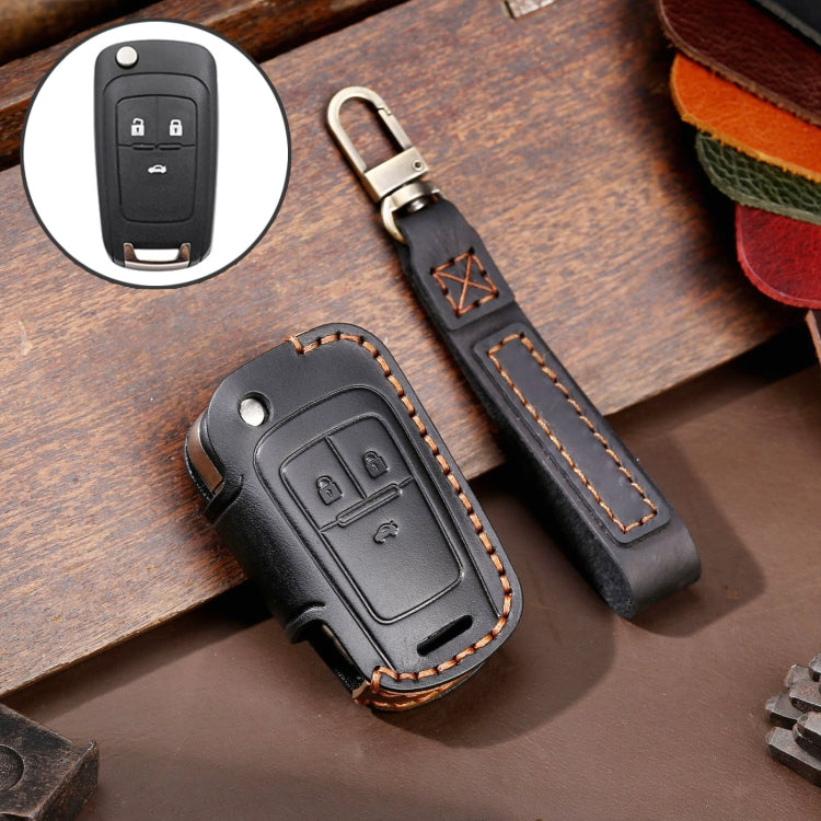 For Chevrolet Folding Hallmo Car Cowhide Leather Key Protective Cover Key Case(Black) - Car Key Cases by Hallmo | Online Shopping South Africa | PMC TechLife | Buy Now Pay Later Mobicred