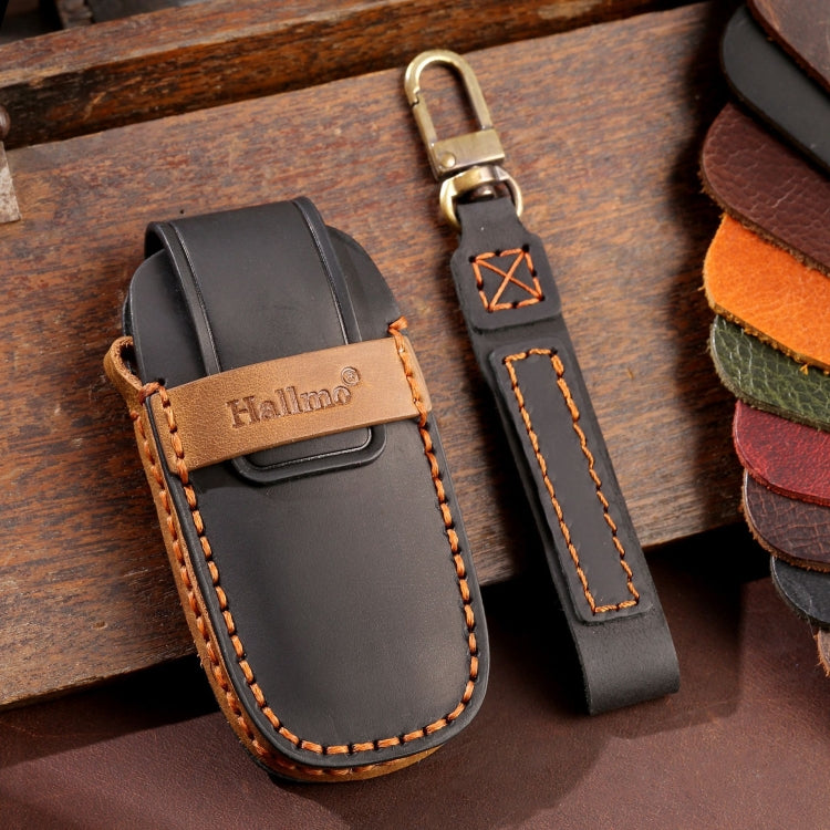 For Nissan Teana / Ariya 4-button Horn Hallmo Car Cowhide Leather Key Protective Cover Key Case(Black) - Car Key Cases by Hallmo | Online Shopping South Africa | PMC TechLife | Buy Now Pay Later Mobicred