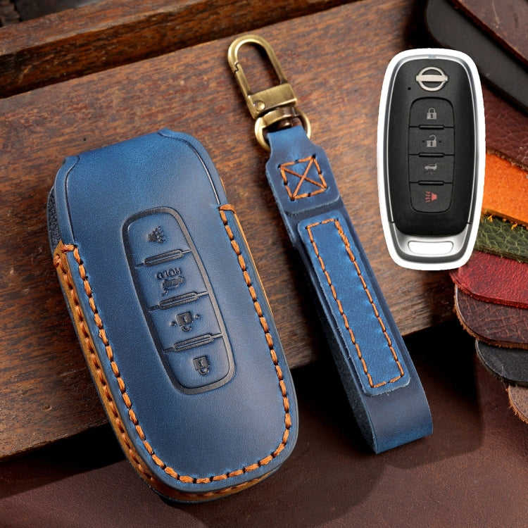 For Nissan Teana / Ariya 4-button Horn Hallmo Car Cowhide Leather Key Protective Cover Key Case(Blue) - Car Key Cases by Hallmo | Online Shopping South Africa | PMC TechLife | Buy Now Pay Later Mobicred