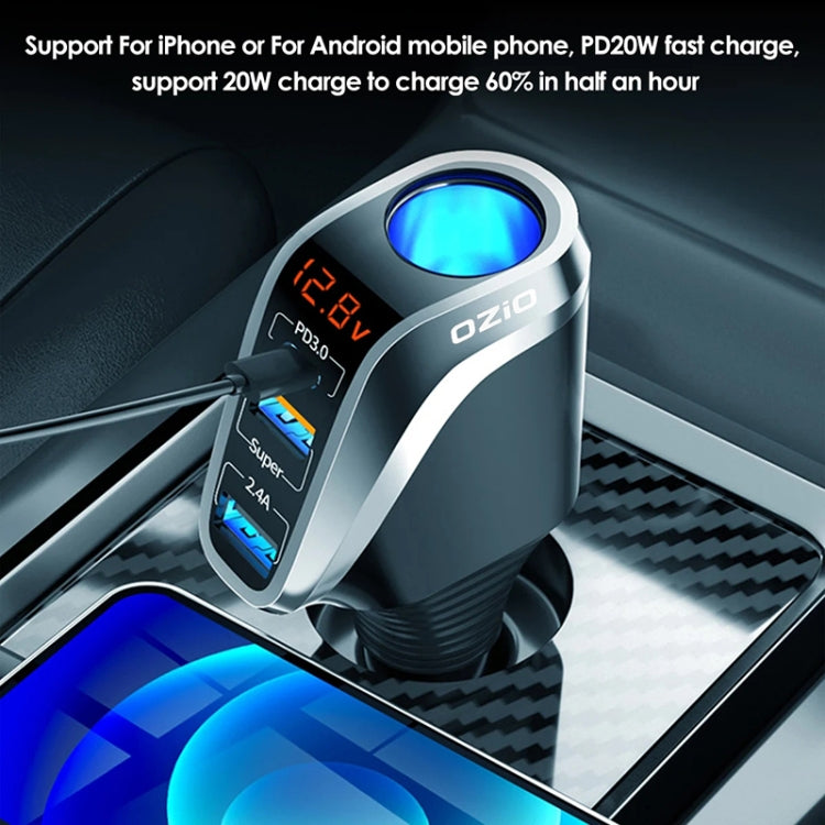 Ozio DY48TC 188W Type-C + USB Dual Port Multi-function Car Charger with Cigarette Lighter (Silver) - Car Charger by ozio | Online Shopping South Africa | PMC Jewellery | Buy Now Pay Later Mobicred