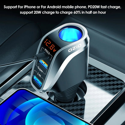 Ozio DY48TC 188W Type-C + USB Dual Port Multi-function Car Charger with Cigarette Lighter (Silver) - Car Charger by ozio | Online Shopping South Africa | PMC Jewellery | Buy Now Pay Later Mobicred