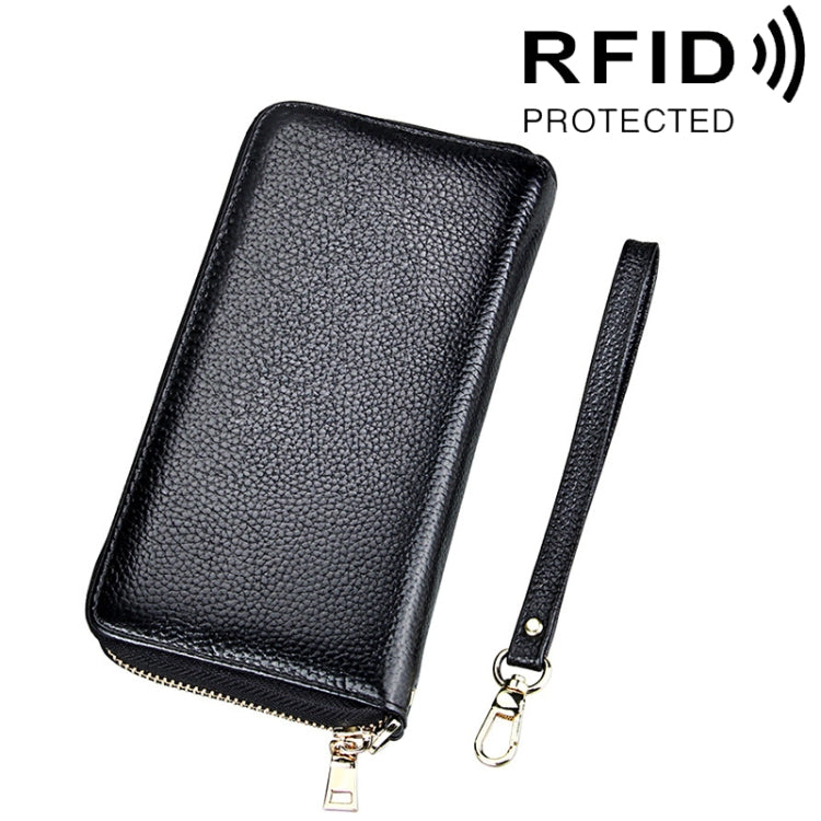 Genuine Cowhide Leather Litchi Texture Zipper Long Style Card Holder Wallet RFID Blocking Coin Purse Card Bag Protect Case with Hand Strap for Women, Size: 20*10.5*3cm(Black) - free shipping - PMC Jewellery - Order now!