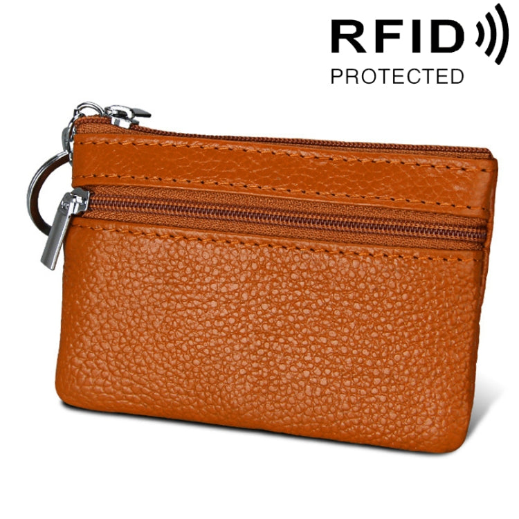 Cowhide Leather Zipper Solid Color Horizontal Card Holder Wallet RFID Blocking Coin Purse Card Bag Protect Case, Size: 11.4*7.4cm(Brown) - free shipping - PMC Jewellery - Order now!