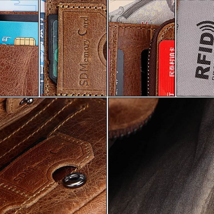 Genuine Cowhide Leather Crazy Horse Texture Zipper 3-folding Short Style Card Holder Wallet RFID Blocking Coin Purse Card Bag Protect Case for Men, Size: 12*9.5*4cm(Taupe) - free shipping - PMC Jewellery - Order now!