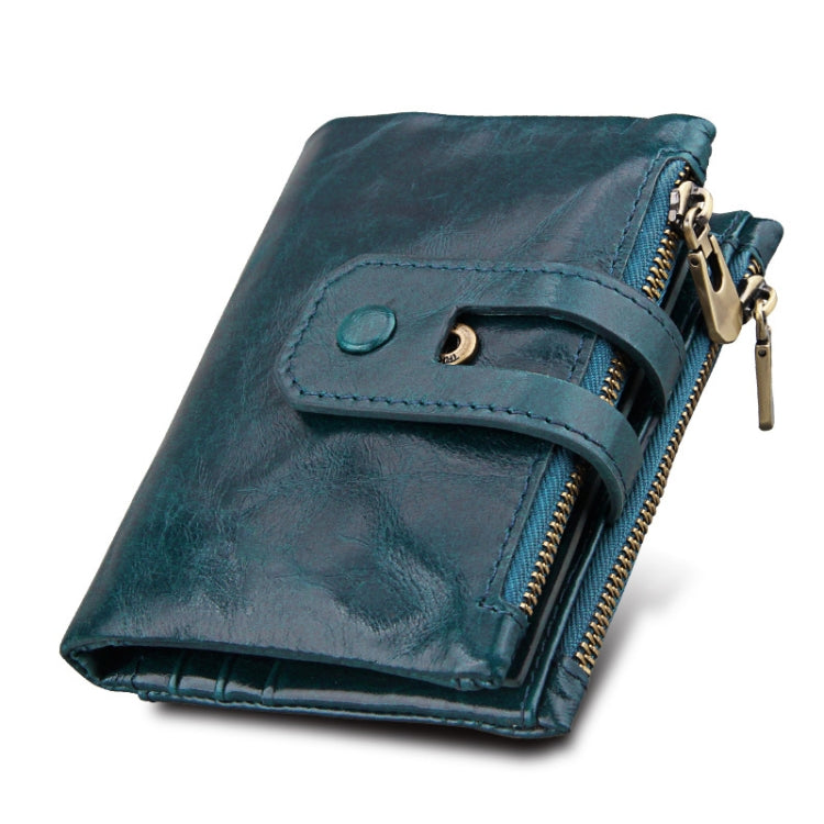 Genuine Cowhide Leather Crazy Horse Texture Zipper 3-folding Card Holder Wallet RFID Blocking Coin Purse Card Bag Protect Case for Men, Size: 12*9.5*3.5cm(Blue) - free shipping - PMC Jewellery - Order now!