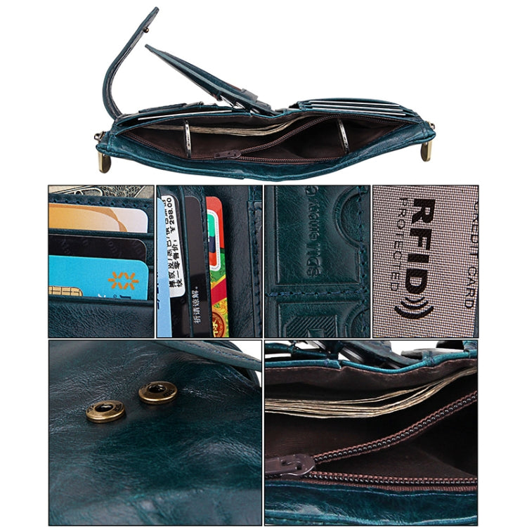 Genuine Cowhide Leather Crazy Horse Texture Zipper 3-folding Card Holder Wallet RFID Blocking Coin Purse Card Bag Protect Case for Men, Size: 12*9.5*3.5cm(Blue) - free shipping - PMC Jewellery - Order now!