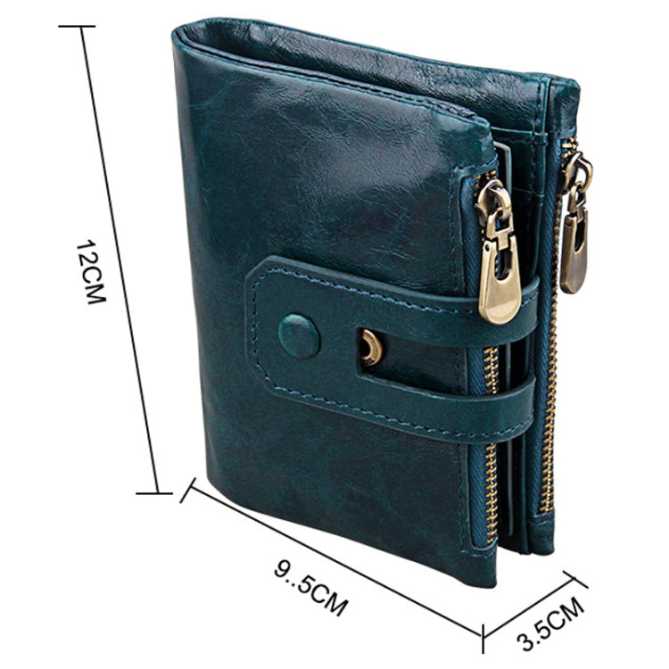 Genuine Cowhide Leather Crazy Horse Texture Zipper 3-folding Card Holder Wallet RFID Blocking Coin Purse Card Bag Protect Case for Men, Size: 12*9.5*3.5cm(Blue) - free shipping - PMC Jewellery - Order now!