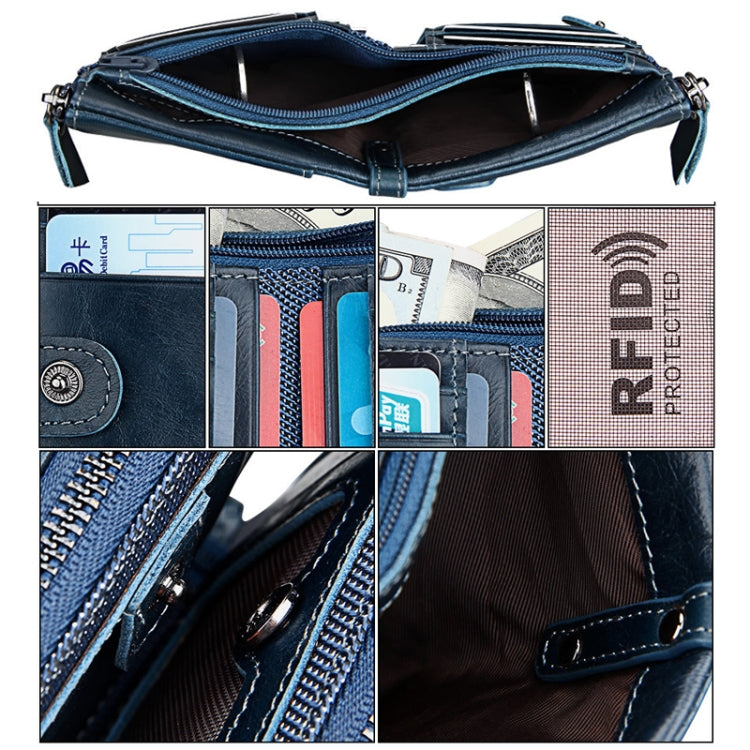 Genuine Cowhide Leather Crazy Horse Texture Dual Zipper Short Style Card Holder Wallet RFID Blocking Card Bag Protect Case for Men, Size: 12.1*9.4*2.7cm(Blue) - free shipping - PMC Jewellery - Order now!