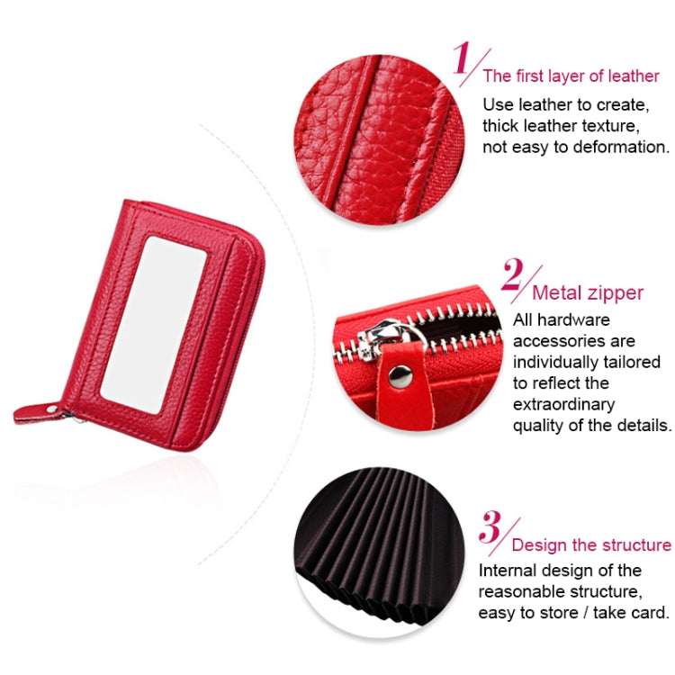 Genuine Cowhide Leather Solid Color Zipper Horizontal Card Holder Wallet RFID Blocking Card Bag Protect Case with 12 Card Slots, Size: 11.5*7.5cm(Red) - free shipping - PMC Jewellery - Order now!