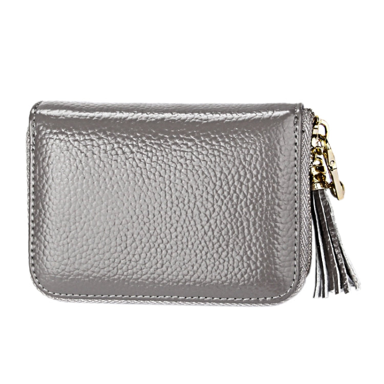 Genuine Cowhide Leather Solid Color Zipper Card Holder Wallet RFID Blocking Card Bag Protect Case Coin Purse with Tassel Pendant & 15 Card Slots for Women, Size: 11.1*7.6*3.5cm(Grey) - free shipping - PMC Jewellery - Order now!