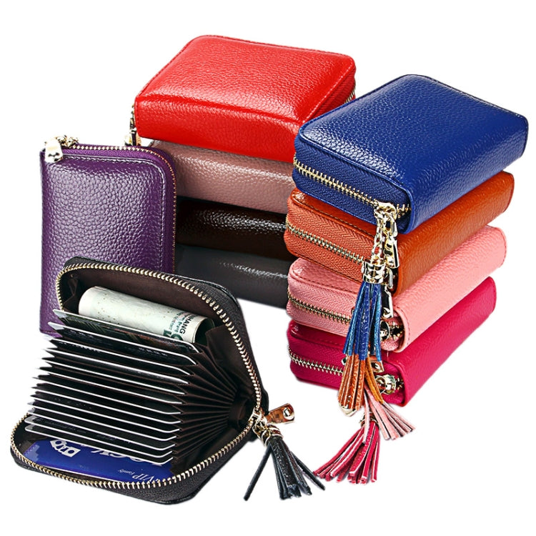 Genuine Cowhide Leather Solid Color Zipper Card Holder Wallet RFID Blocking Card Bag Protect Case Coin Purse with Tassel Pendant & 15 Card Slots for Women, Size: 11.1*7.6*3.5cm(Black) - free shipping - PMC Jewellery - Order now!