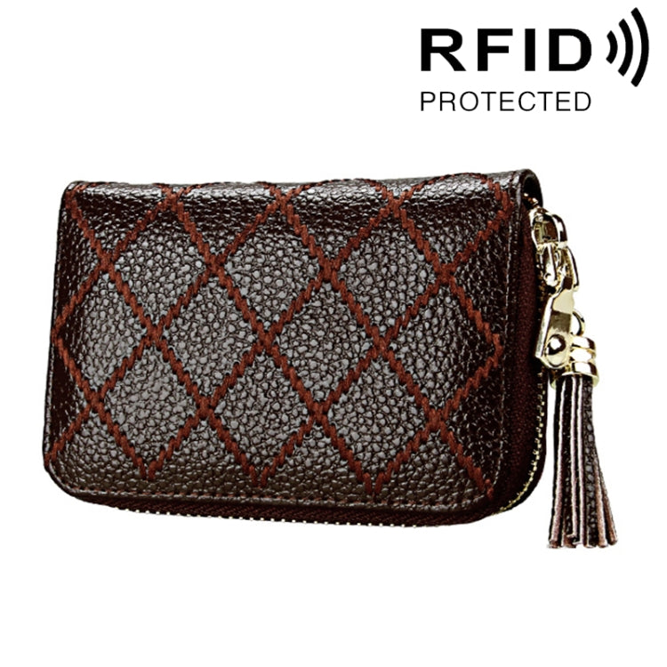 Genuine Cowhide Leather Grid Texture Zipper Card Holder Wallet RFID Blocking Card Bag Protect Case Coin Purse with Tassel Pendant & 15 Card Slots for Women, Size: 11.1*7.9*3.5cm(Coffee) - free shipping - PMC Jewellery - Order now!